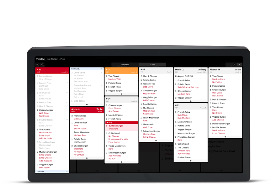 Square Kitchen Display System showing live restaurant order tickets